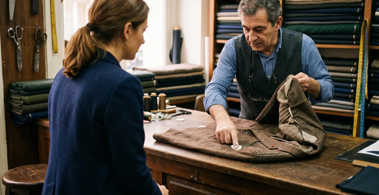 Un tailleur montre des repères de craie sur une veste posée sur le comptoir.