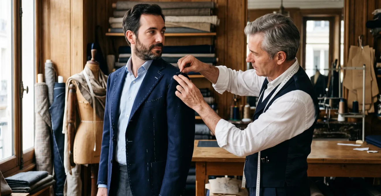 Un tailleur épingle l'épaule d'une veste portée par un client dans son atelier.